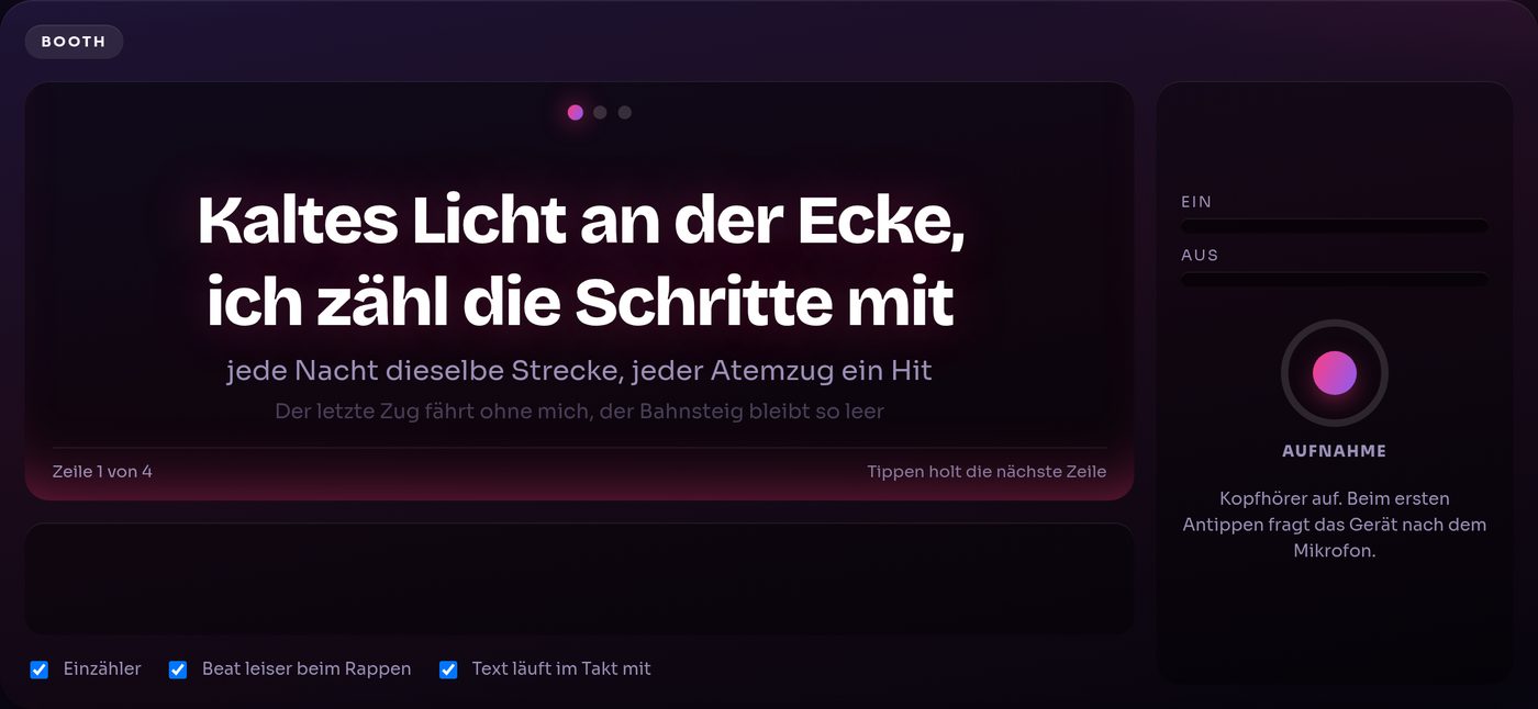 Die Booth während der Aufnahme: die aktuelle Zeile groß in der Mitte, Taktpunkte darüber, Pegel und Aufnahmeknopf rechts.
