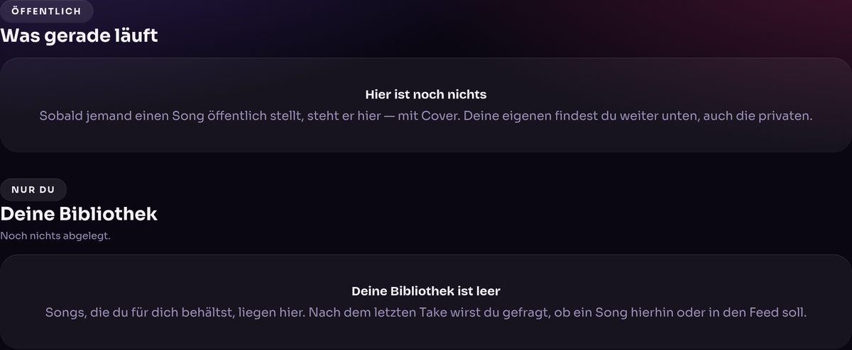 Der Feed mit veröffentlichten Tracks, jeweils mit Cover, Artist und Rangstufe.