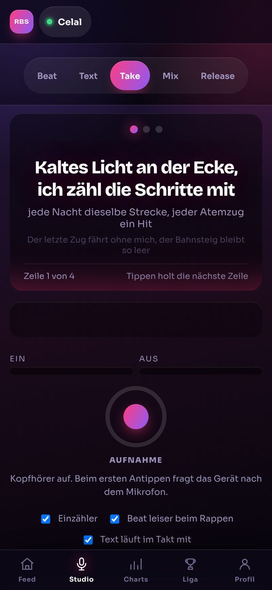 Dieselbe Booth auf dem Handy: Text füllt den Bildschirm, der Aufnahmeknopf sitzt unten am Daumen.