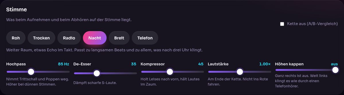 Der Mix-Schritt mit sechs Stimm-Vorlagen und den Reglern darunter.